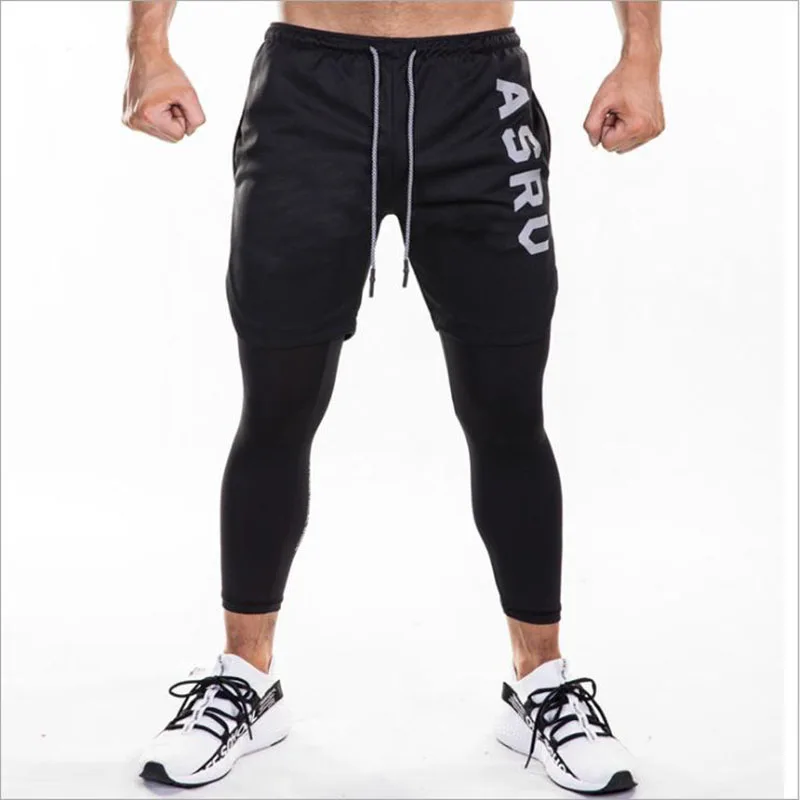 Лето мужские быстросохнущие двухслойные Skintight анти-блестящий спортивный костюм брюки для тренировок на открытом воздухе Фитнес Брюки Мужская одежда - Цвет: black