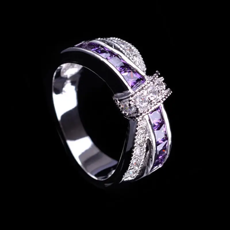 6 цветов, красивые, красивые, модные, свадебные кольца, вечерние, белого, золотого цвета, серебряного цвета, женские кольца с камнем и кристаллами, ювелирные изделия LR050 - Цвет основного камня: Фиолетовый