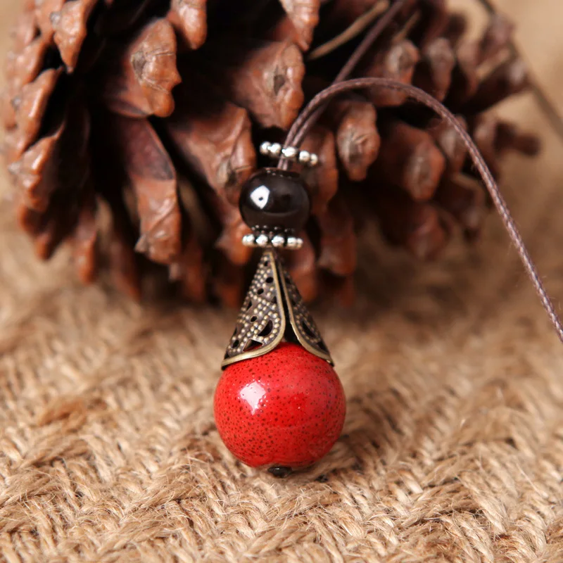 

8SEASONS Chinese Style Jewelry Wax Rope Necklace Ceramic Round Red Spot Beads Pendants Vintage Ethnic About 78cm Long, 1 Piece