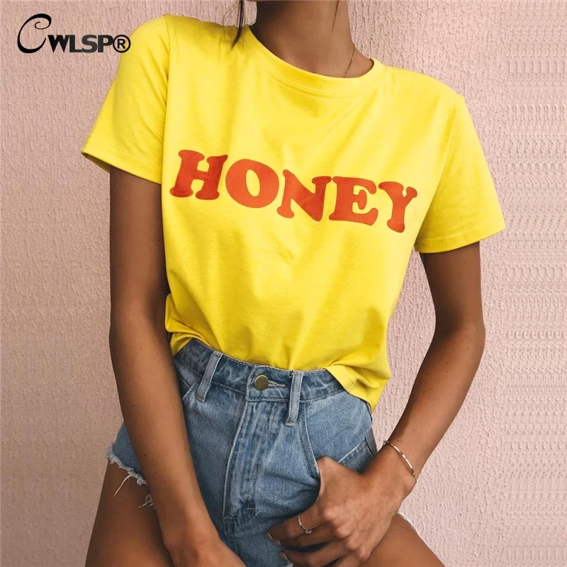CWLSP Женская летняя футболка топы с надписью HONEY Повседневная хлопковая Футболка