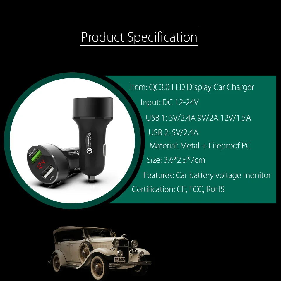 QC3.0 быстрое автомобильное зарядное устройство с двумя usb-портами светодиодный дисплей Быстрая зарядка 3,0 Автомобильное зарядное устройство для мобильного телефона автомобильное зарядное устройство для samsung huawei Xiaomi LG