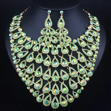 Luxury Full Crystal Rhinestones Big Peacock Tail Shape Necklace Earrings set Classic Indian Bridal Jewelry Sets