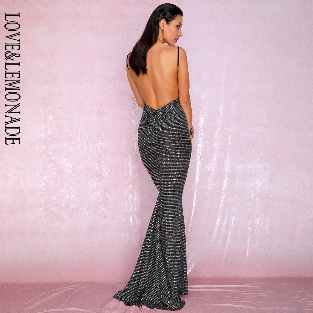 sequin cross back fishtail maxi dress
