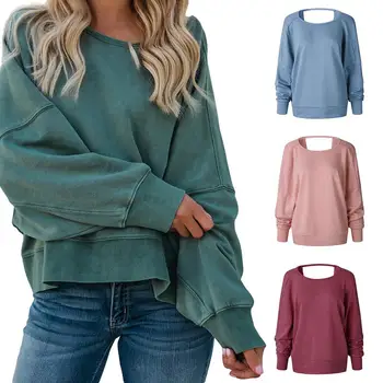 

Hot Women Irregular Backless Solid Color Pullover Autumn Sweatshirt Loose Blouse