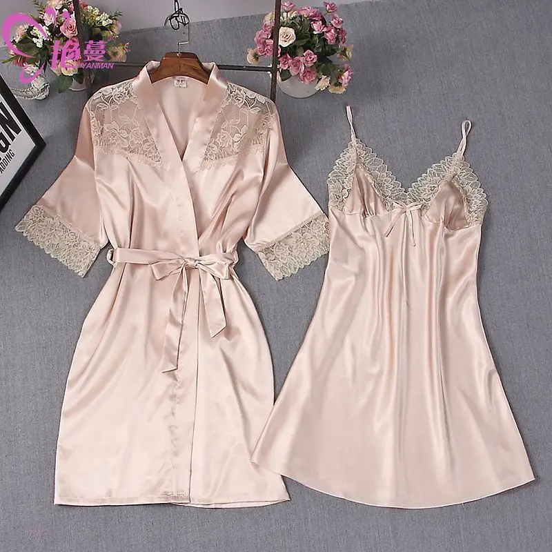 

Sexy Women Robe & Gown Sets 2 Pcs Bathrobe + Mini Night Dress Sleepwear Lace Silk womens sleep Suit Satin Wedding Robe Nightwear