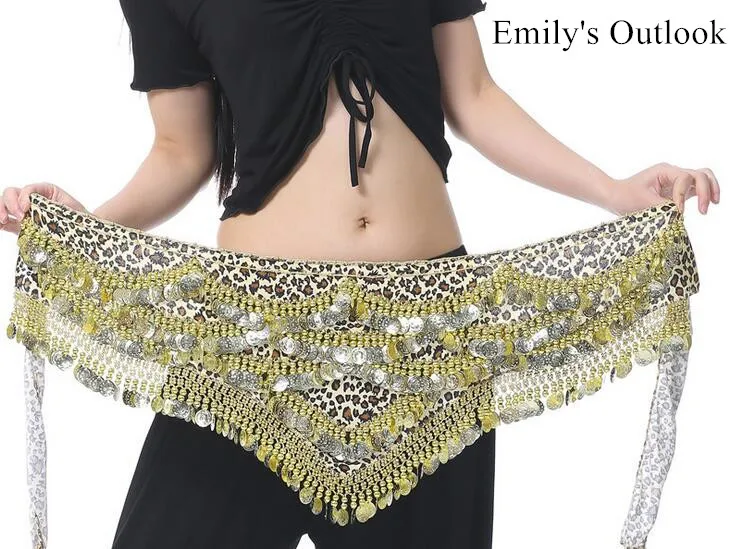 

Gorgeous Leopard Print Waist Chain Belt Belly Dance Hip Scarf With 480 Coins Golden Gypsy Costume Accessory Free Shipping