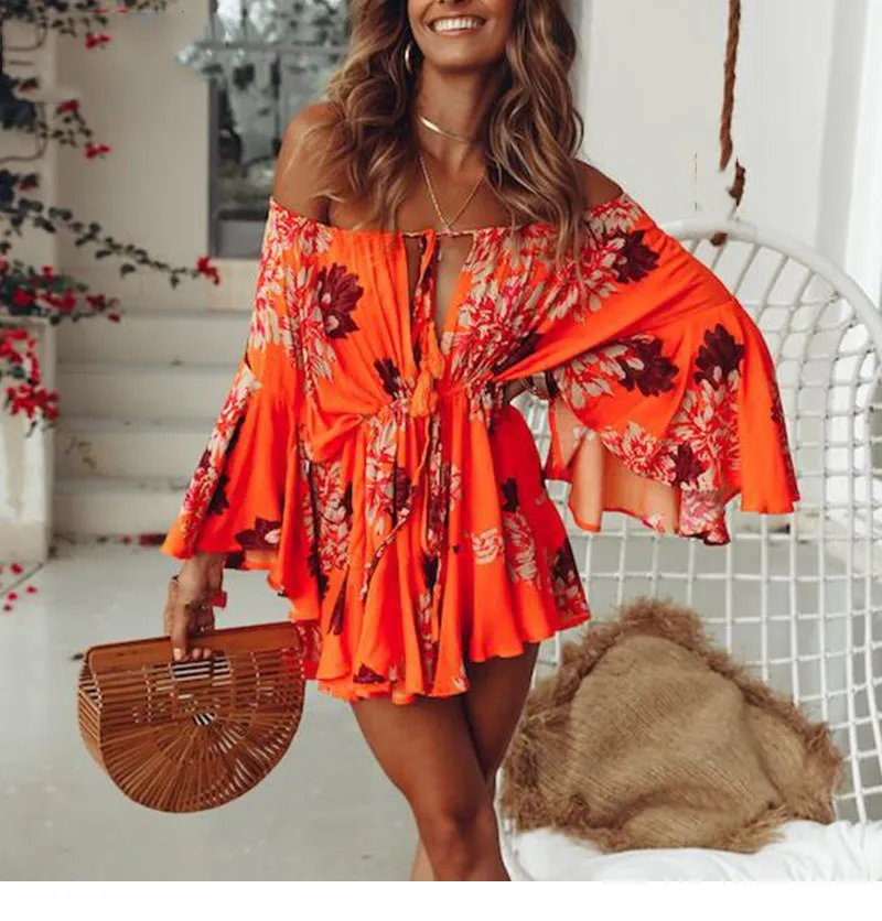 Fashion 2019 Women Sexy Off Shoulder Boho Palysuit Floral Beach Summer Short Jumpsuit Flare Sleeve Casual Romper Fashion 2019 Women Sexy Off Shoulder Boho Palysuit Floral Beach Summer Short Jumpsuit Flare Sleeve Casual Romper
