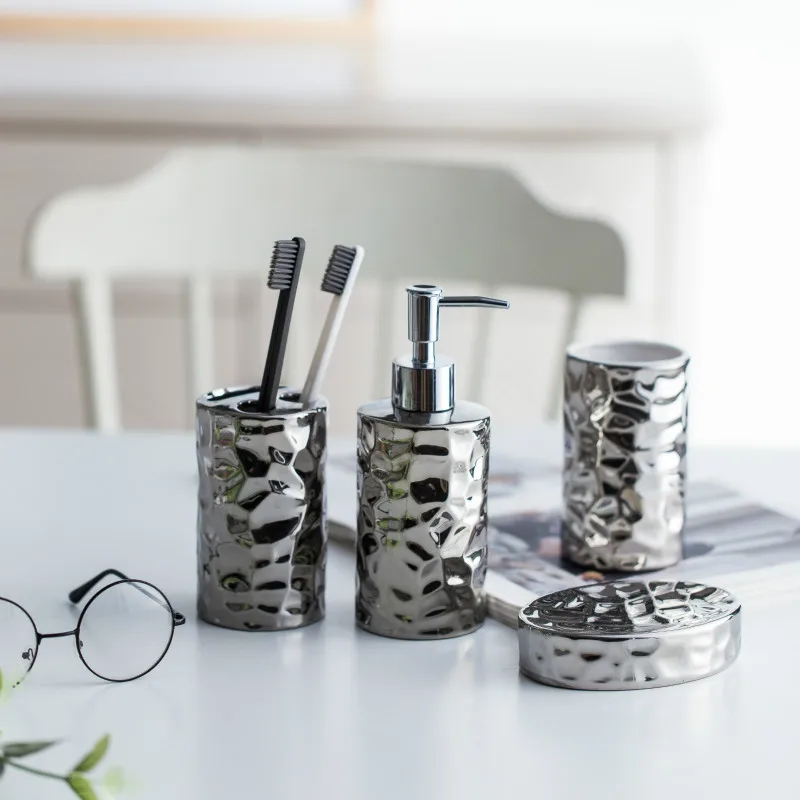 European style ceramic bathroom set silver plated washroom bathroom accessories wash cups toothbrush holder soap dish dispenser