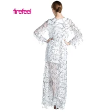 Firefeel 30% OFF Sexy Deep V Neck Long Sleeve Sequnied Tassel Two Split Maxi Dress Women Beach Party Dress