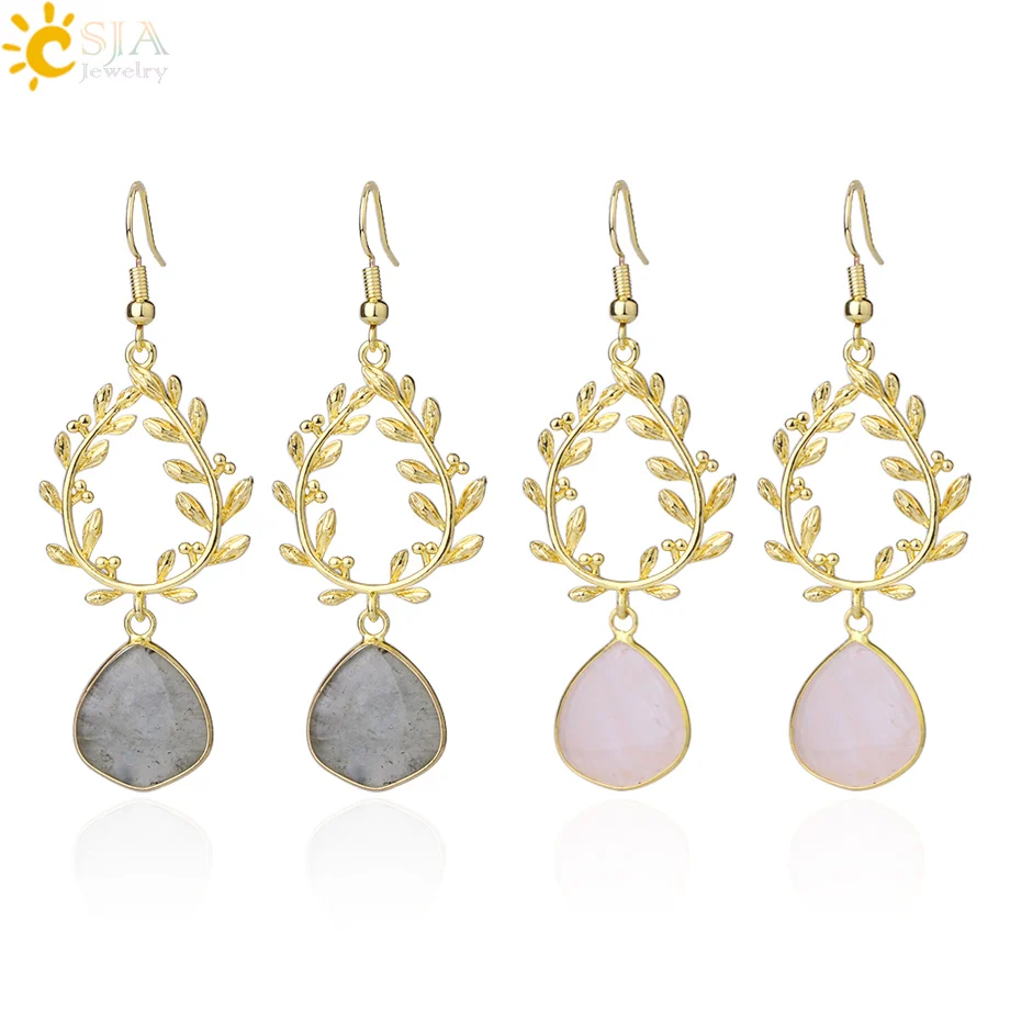 

CSJA Natural Pink Stone Water Drop Earrings for Girl Gold-Color Labradorite Pink Crystal Quartz Boho Korean Earring Jewelry F859