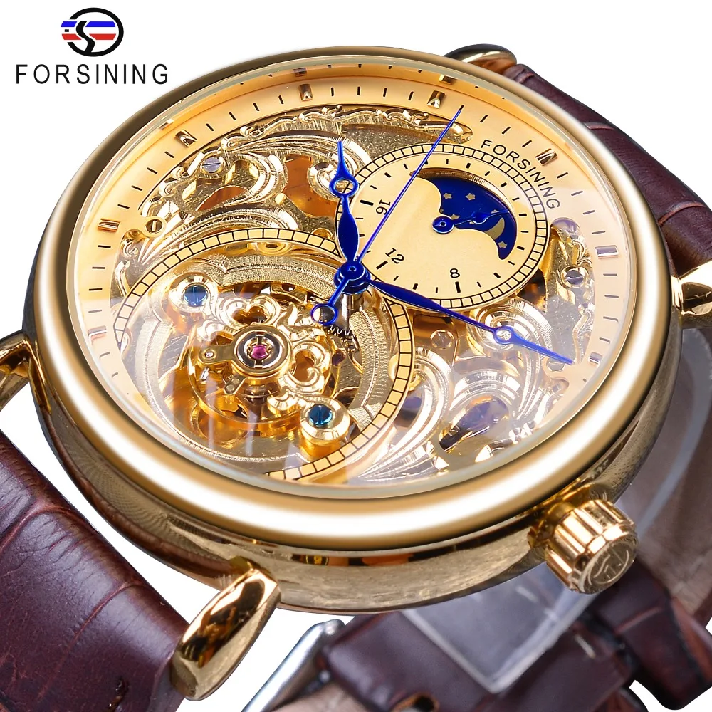 Cinto de Couro Genuíno dos Homens Relógios de Pulso Forsining Royal Golden Skeleton Display Azul Mãos Marrom Mecânicos Masculino 2020