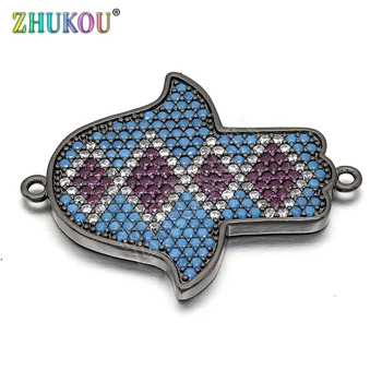 

23*29mm Brass Cubic Zirconia Hamsa Hand Pendants Connector for DIY Jewelry Findings, Mixed Color, Hole: 1mm, Model: VS200