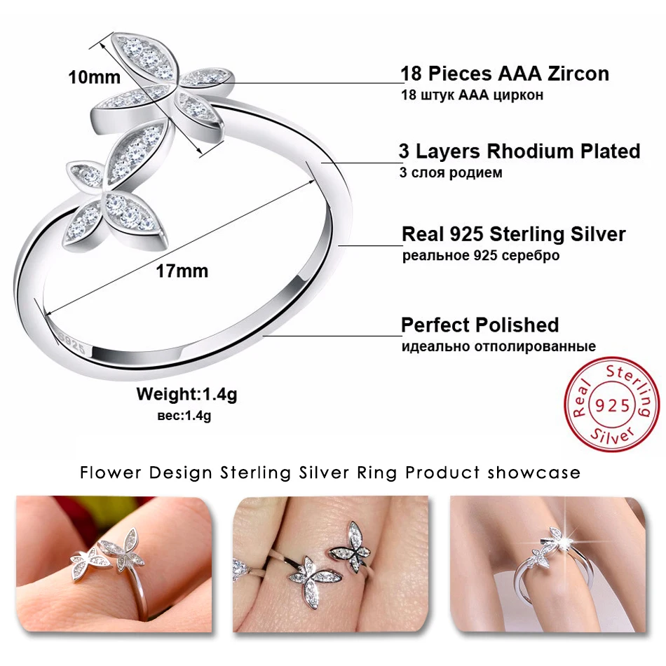 ORSA JEWELS Fashion Silver 925 Adjustable Rings Flower Design Sterling Silver Ring with Austrian Cubic Zirconia for Women SR10