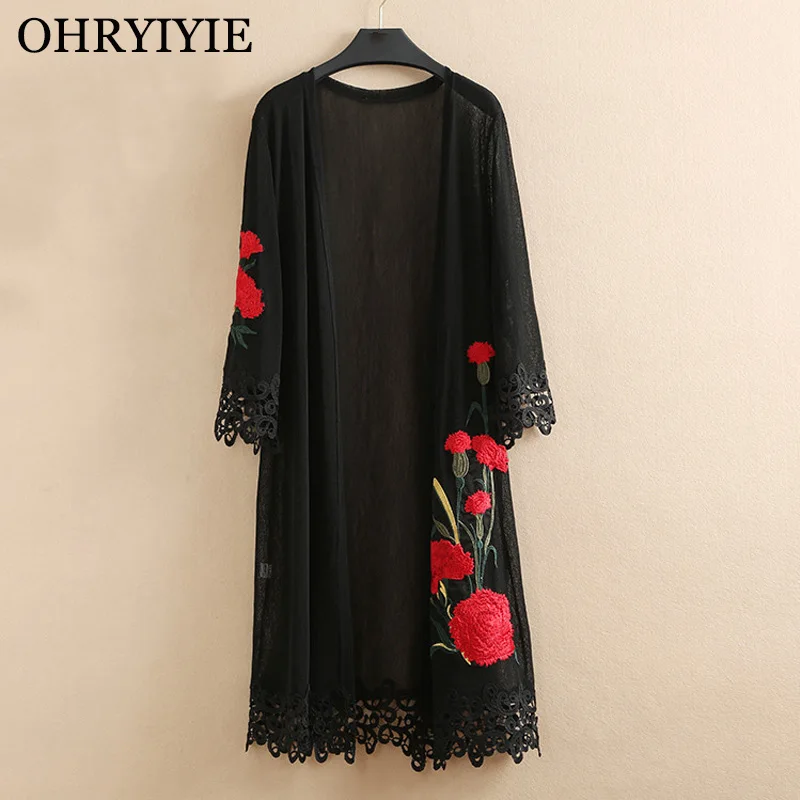 

OHRYIYIE Plus Size 5XL Black Floral Printed Women Cardigan Sweater Poncho 2019 New Summer Long Loose Hollow Cardigans Pull Femme