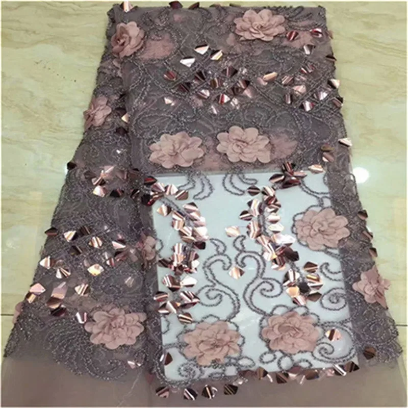 

3D Flowers In Gray French Lace Fabric Sequing High Quality Lace Net African Lace Fabric With Lace Fabrics For Wedding