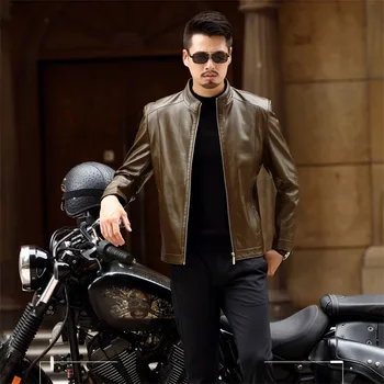 

2019 New Arrival Autumn Mens Casual Sheepskin Jackets Fashion Standing collar Male locomotive Leather Outerwear Coats YH257