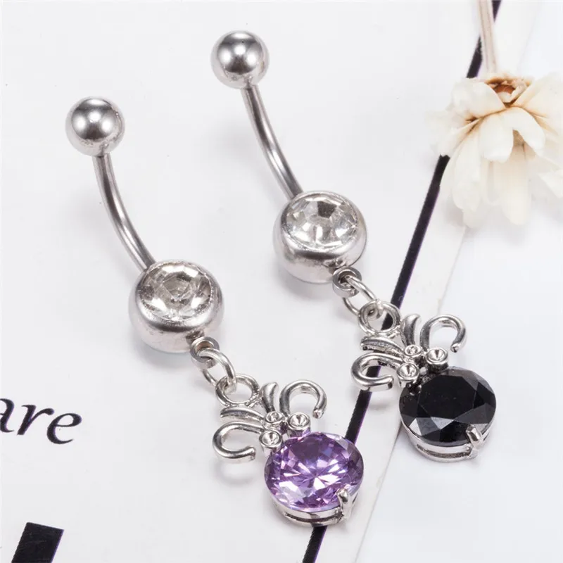 Purple Flower Butterfly Rhinestone Belly Ring Body Button Bars Jewellery UK SELL