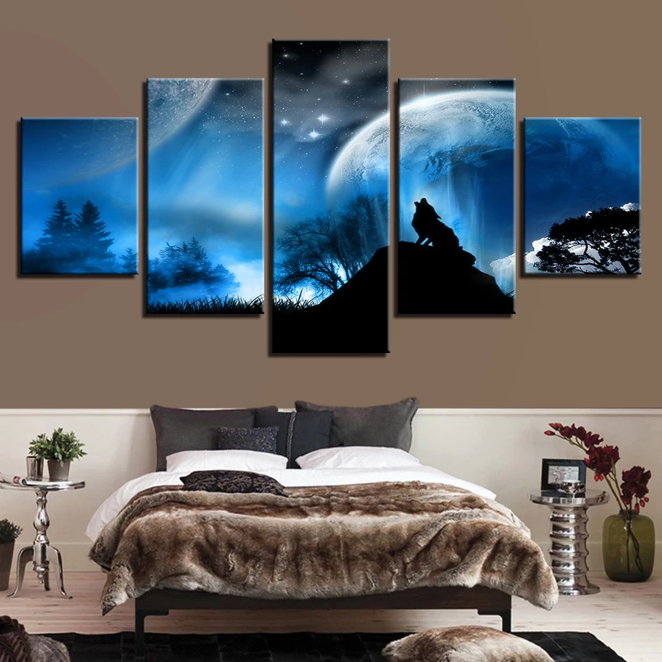 

Canvas Paintings Home Decor Framework HD Prints 5 Pieces Moon Night Wolf Howl Pictures Animals Posters For Living Room Wall Art