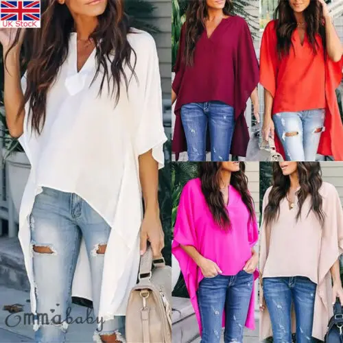 

2019 Women Short Flare Sleeve Solid Blouses Ladies Summer Casual Irregular V Neck Beach Loose Shirts Tops Elegant Plus Size 2XL