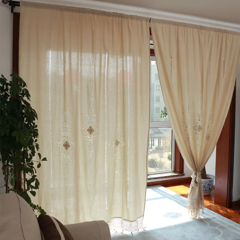 

Beige White Retro Cotton Linen Hollow Embroidered Crochet Tassel Hem Living Room /Bay Window /balcony Finished Curtain