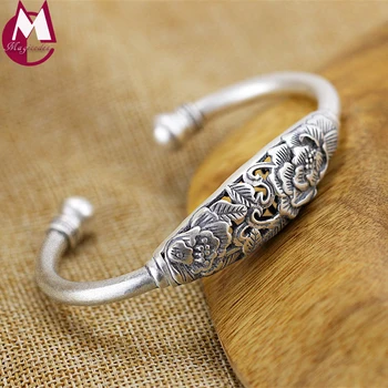 

100% Real 990 Sterling Silver Bracelets Bangles Vintage Hollow Carving Flower Bangles For Women Fine Plum blossom Jewelry SB36