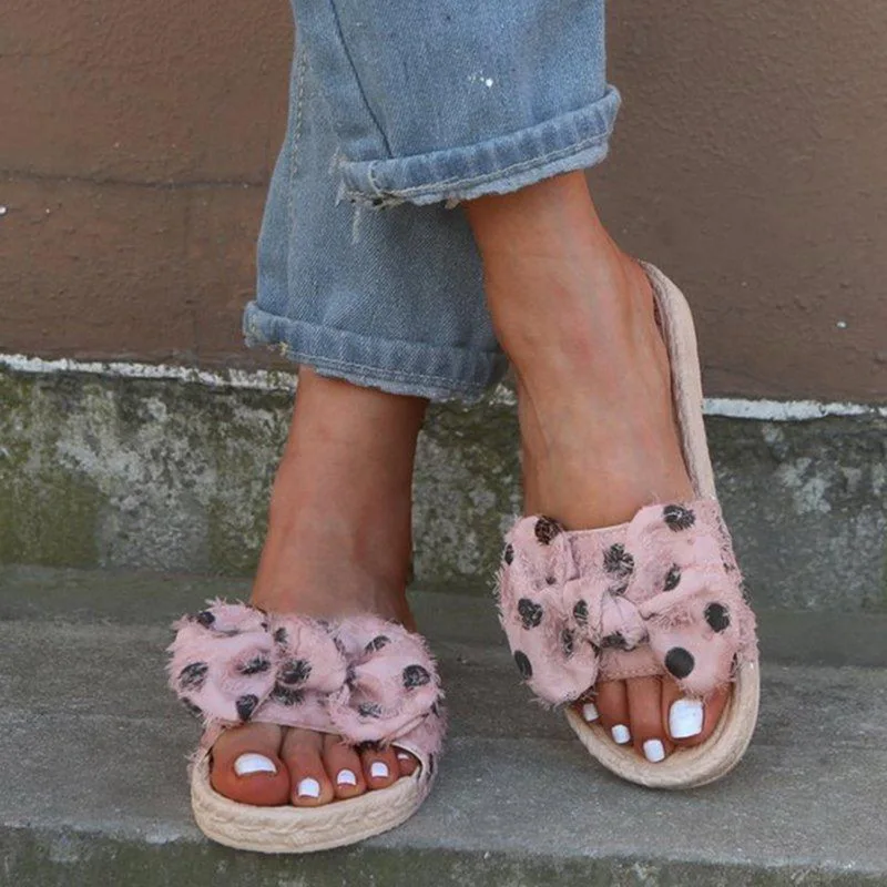 

Summer Bow Women Slippers Flat Slides Sandals Weaving Casual Shoes Ladies Open Toe Beach Flops Outdoor Plus 43