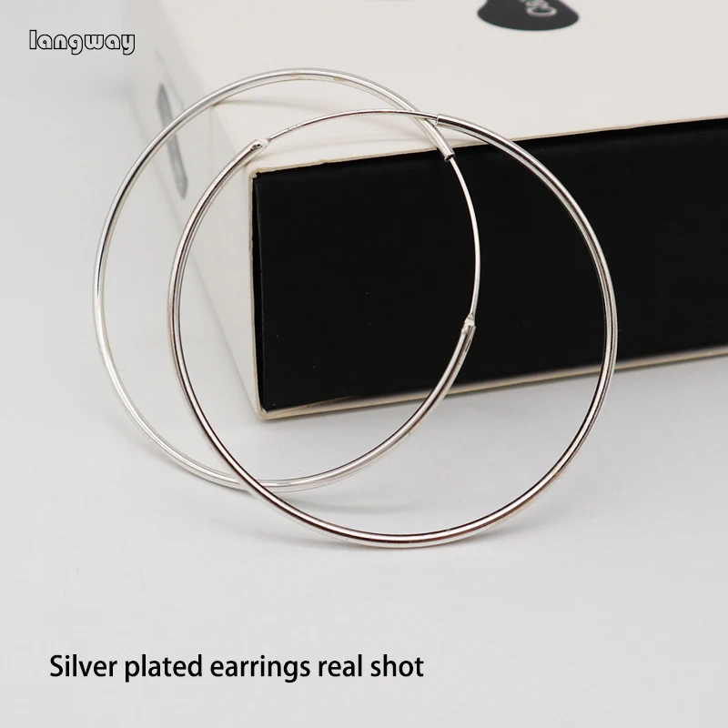 Large Size Medium Size 925 Sterling Silver Big Hoop Earrings For Women Simple Silver-plated Round Circle Earrings Hoops Earings