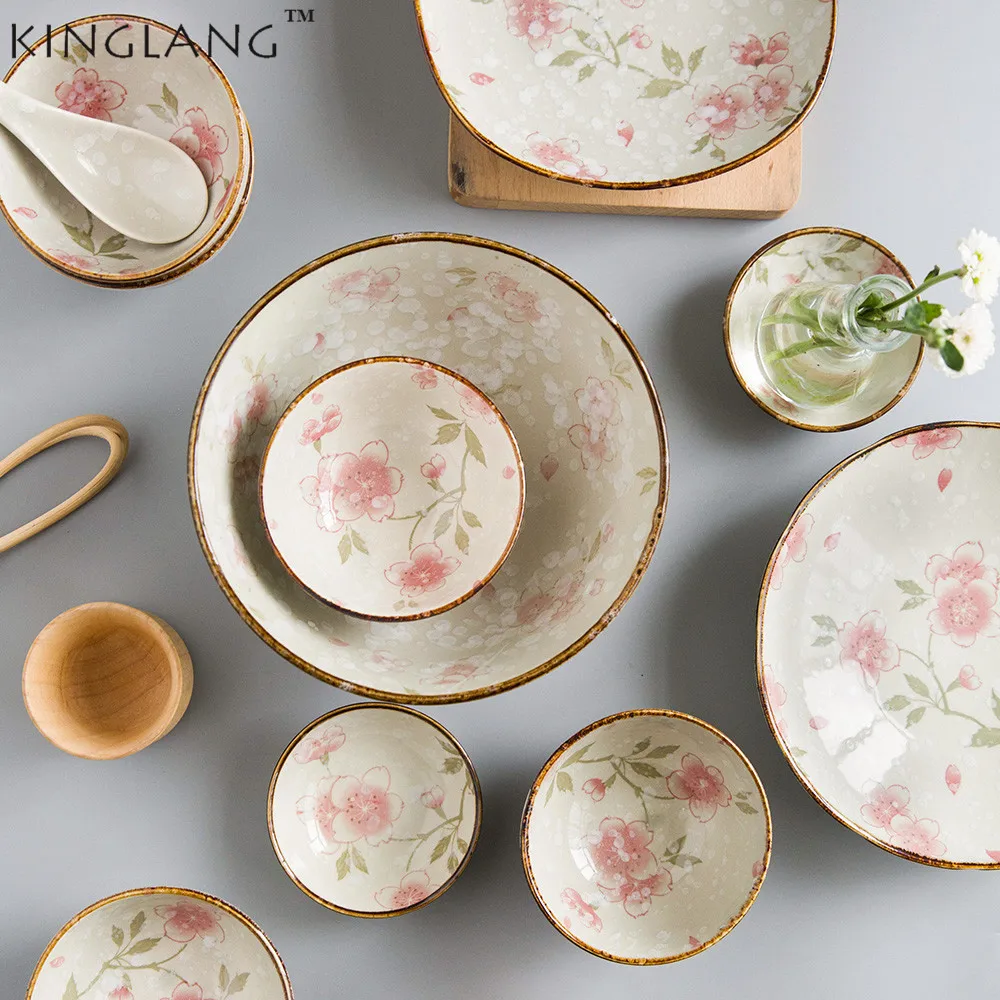 

KINGLANG Ceramic Rice Bowl Soup Bowl household Round Dinner Plate Tableware Set