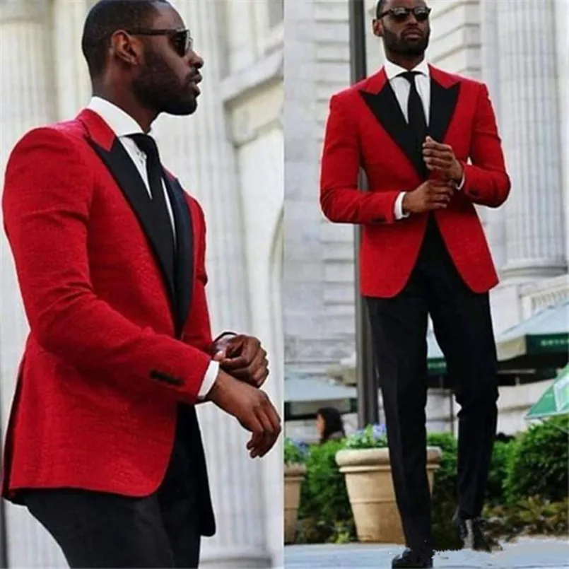  Custom Made Cheap Red Wedding Groom Tuxedos Two Piece Black Peaked Lapel Slim Fit Groomsmen Suits (Jacket+Pants) 