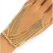Модные золотые Многослойные Браслеты браслеты звено цепи ручной проводки браслет, соединенный с кольцом на пальце ювелирных изделий для Для женщин Brazaletes Mujer