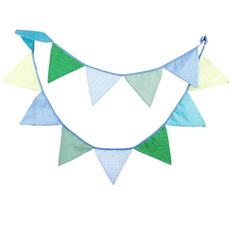

12 Flags 3.2m Blue Green Lattice Dot Cotton Fabric Bunting Pennant Flags Banner Garland Baby Shower/Outdoor DIY Home Decoration