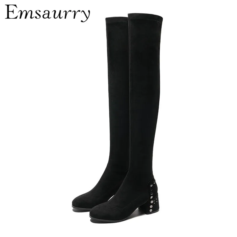 

Fashion Botas Mujer Metal Rivet Square Heel Black Stretch Flock Round Toe Over The Knee Boots Autumn Winter Booties