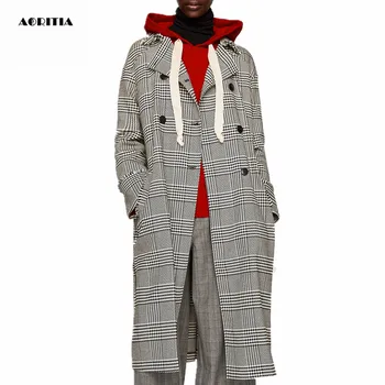 

2019 Winter Coat Women Long Houndstooth Jackets Pocket Double Breasted Blends Manteau Femme Hiver