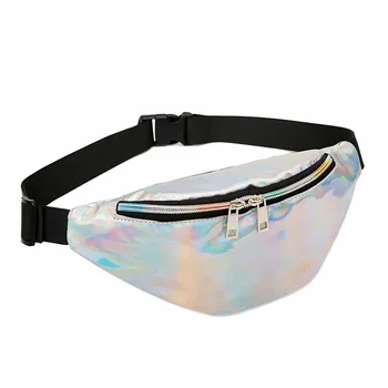 

HTNBO Holographic Waist Bags Women Pink Silver Fanny Pack Female Belt Bag Black Geometric Waist Packs Laser Chest Phone Pouch