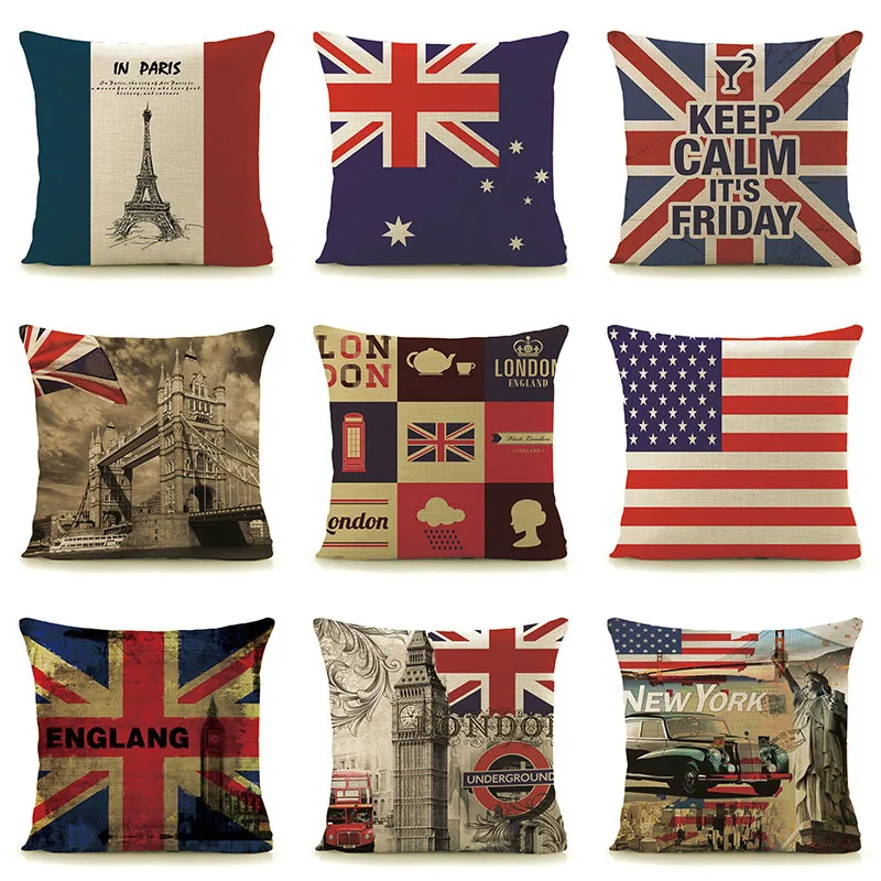 

Home decorative pillows 45x45cm cushion cover Vintage Euro style England Paris New York London scenic printed, cotton linen A9