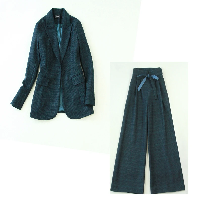 

Women's suits 2019 new winter large size women's dark green Slim long suit casual high waist wide leg pants suit