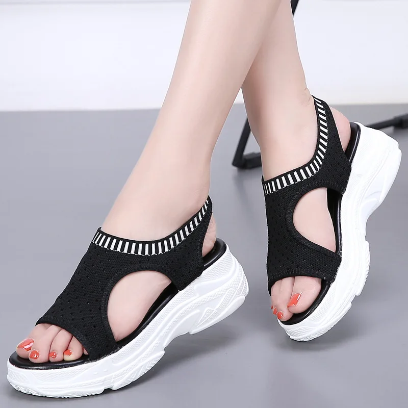 

Fashion Wedges Shoes Women Platform Sandals Air Mesh Summer Shoes Sandals Soft Slip On Ladies Flat White Beach Sandals Peep Toe