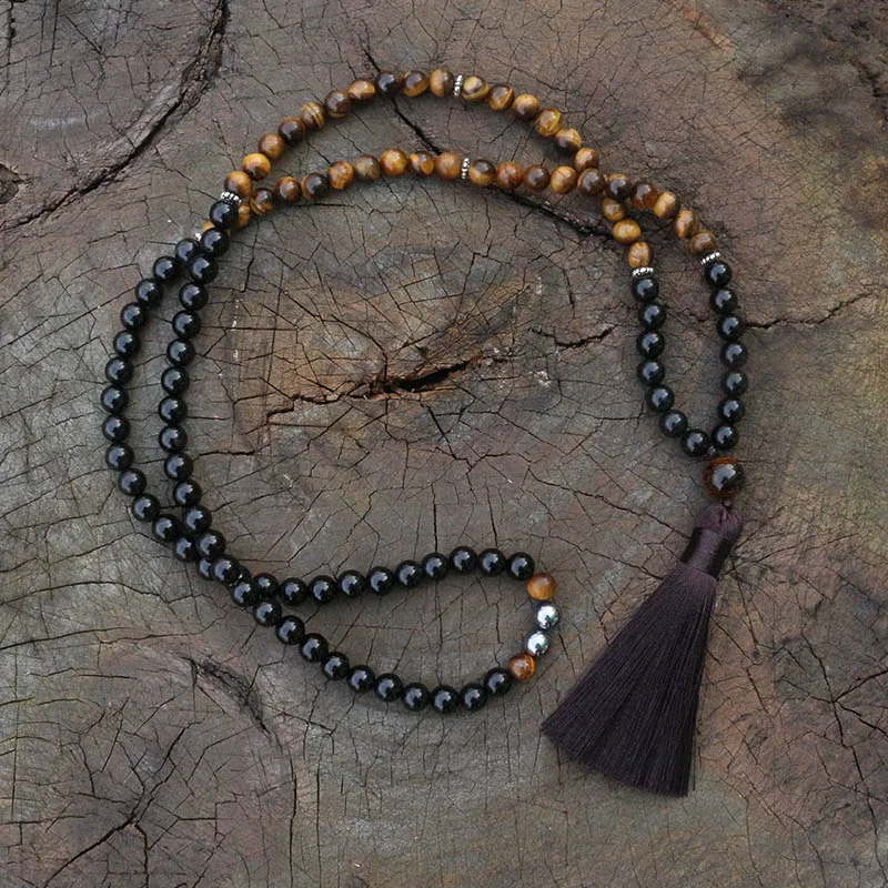8mm Tigers Eye, Hematite, JapaMala Necklace, Namaste Yoga Jewelry, Chakra Stones Mala, Buddhist Mala Prayer Bead, 108 Mala Beads