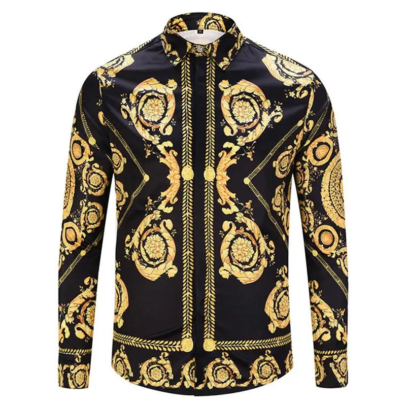 

Black Gold Print Shirt 2018 New Baroque Slim Fit Party Club Shirt Men Camisa Homem Male Long Sleeve Shirt Oversize 2XL Hip Hop