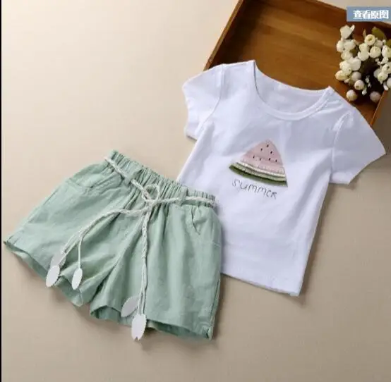 tee green shorts От 2 до 13 лет комплект одежды из 2 предметов, Детская летняя одежда для девочек с рисунком арбуза, футболка с цветочным рисунком+ сетчатая юбка с бантом - Цвет: tee green shorts
