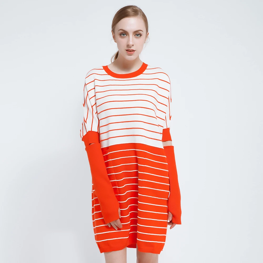 

2018 Spring Summer Dress Women Long Sleeve Loose Dresses Knitted White Black Orange Striped Pullovers Sweater with 2 Pockets