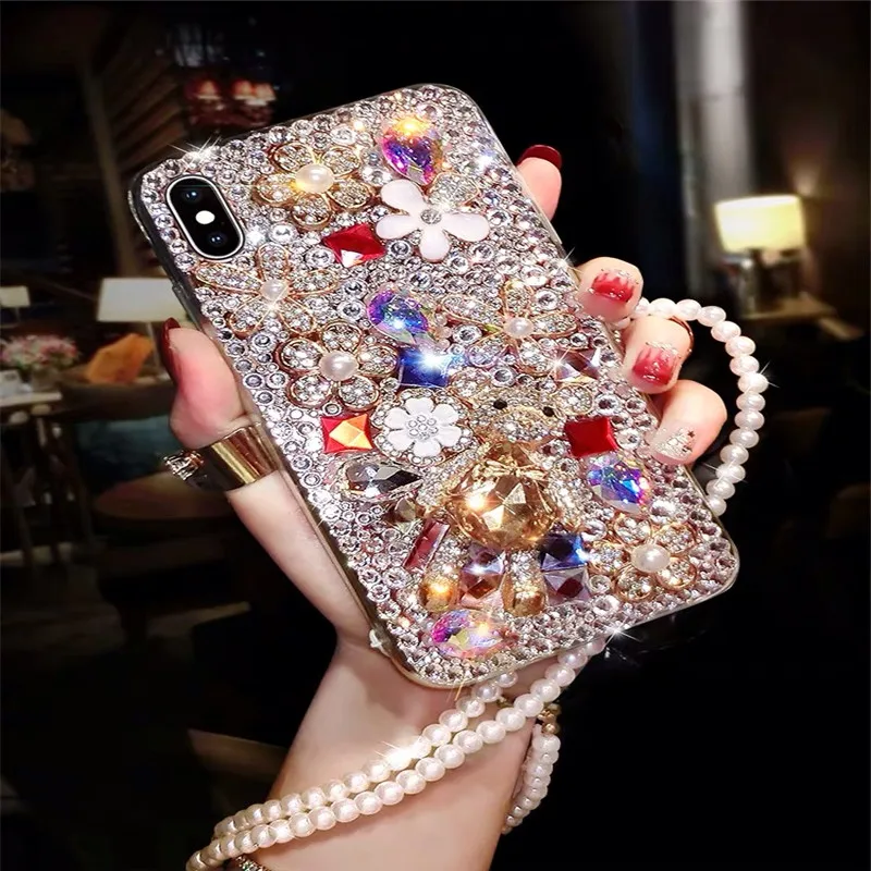 Блестящий милый чехол для телефона с 3D стразами и кристаллами Iphone 6 7 8 Plus XS XR MAX Samsung