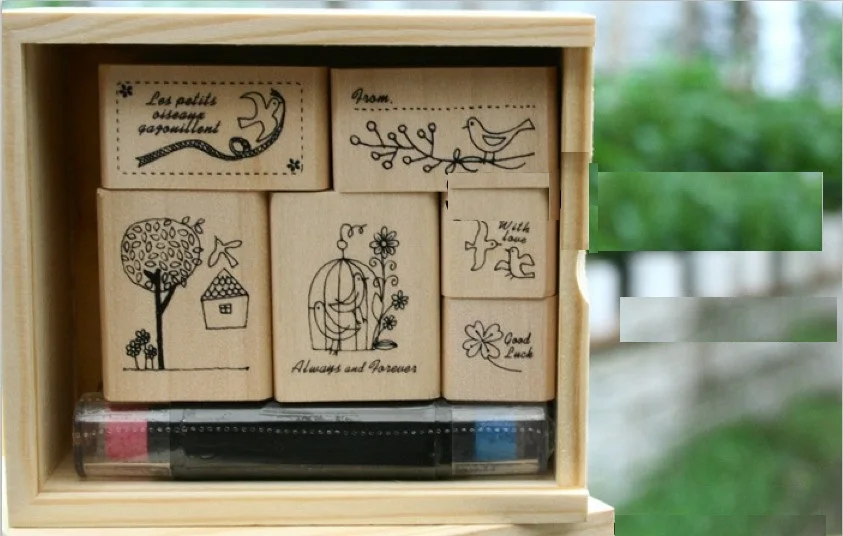 

1set/lot Cute Shinzi Cartoon Bird design Wooden stamp with Ink pad stamp sets mini stamps DIY Dairy decoration