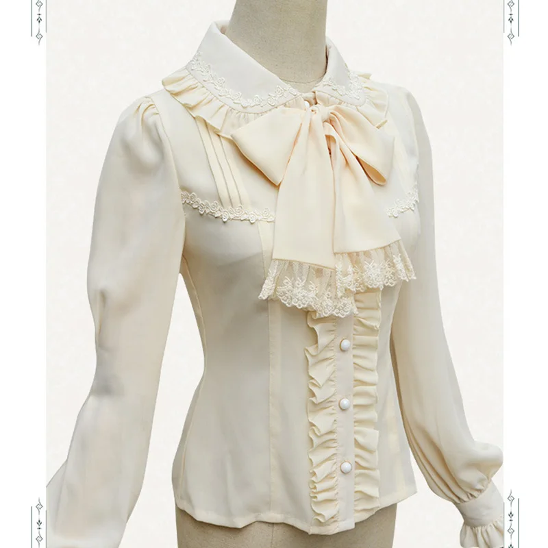 Викторианская Лолита белая шифоновая и кружевная рубашка с высоким воротником и фонариком, блузка, сексуальный корсет стимпанк в готическом стиле, аксессуары для одежды