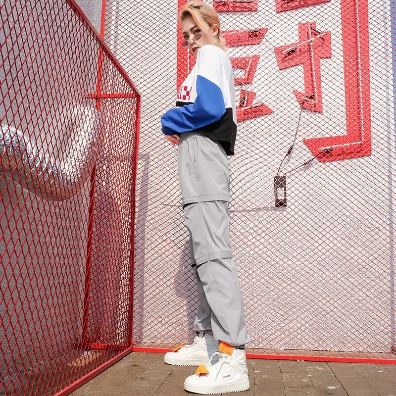 Women Zipper Opening Reflective Pants Harem Casual Hip Hop Elastic Waist Pants Ladies Beam Foot Trousers 2019 Fashion Clothes Women Zipper Opening Reflective Pants Harem Casual Hip Hop Elastic Waist Pants Ladies Beam Foot Trousers 2019 Fashion Clothes