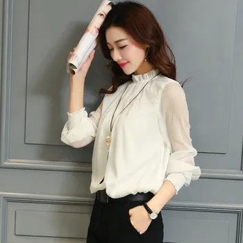 

Women Mesh Chiffon Blouse Feminine Plus Size 3XL Jacobs Flounce Shirt Long Sleeve Puff Sleeve Bow Lace Tops