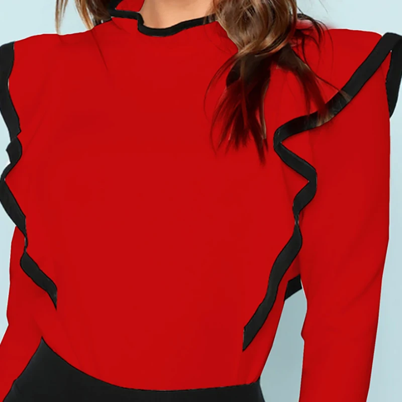 Dotfashion облегающая футболка с оборками, облегающая футболка с длинным рукавом, женская элегантная Осенняя футболка с воротником-стойкой, топы в Корейском стиле, новая футболка