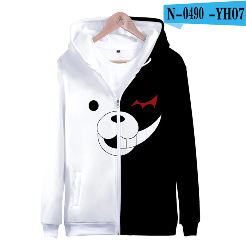 

Danganronpa Zipper Sweatshirt Black White Bear Monokuma Horror Jacket Zip Up Boys Clothings Men Women Printed Clothes 3D Clothes