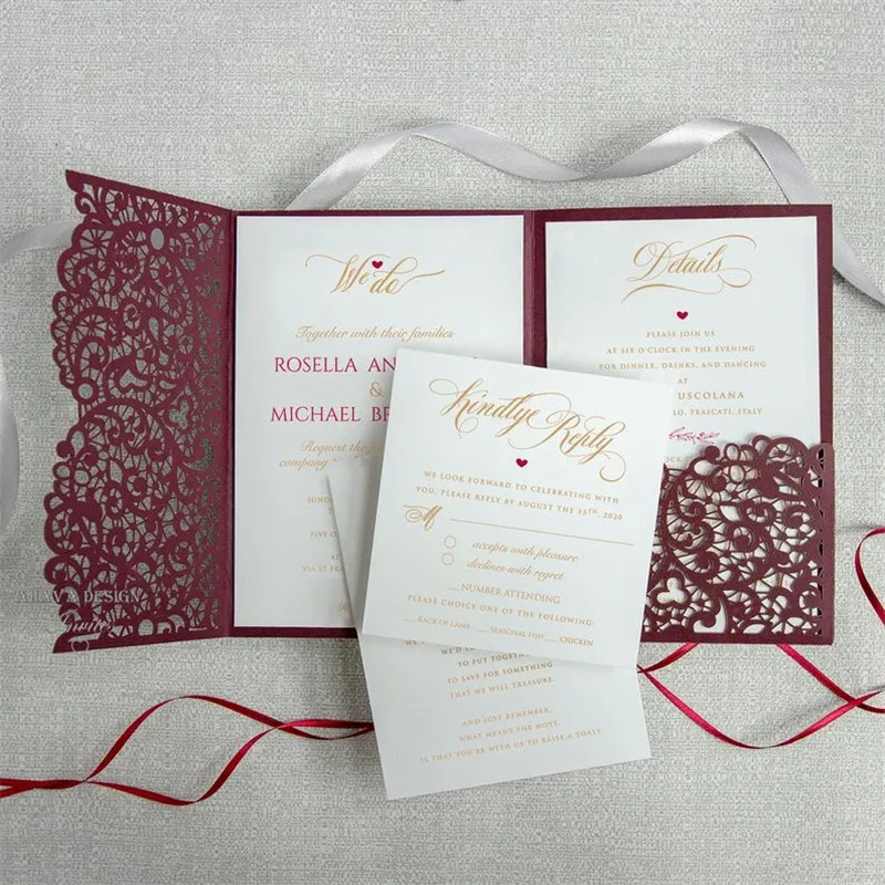 Burgundy Laser Cut Pocket Wedding Invitation Marsala Wine Laser