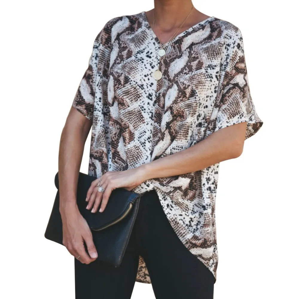 Women Casual Short Sleeve Chiffon Shirt Twist Snakeskin Print T Shirt Loose Crop Tee Streetwear